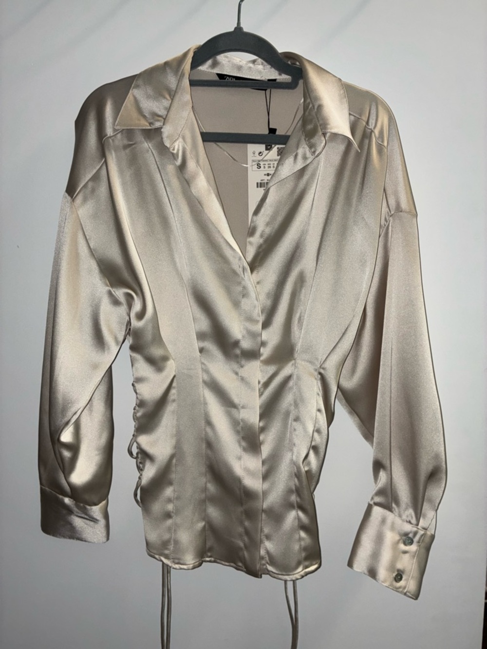 Zara Satin Ruched Drawcord Blouse — Cream